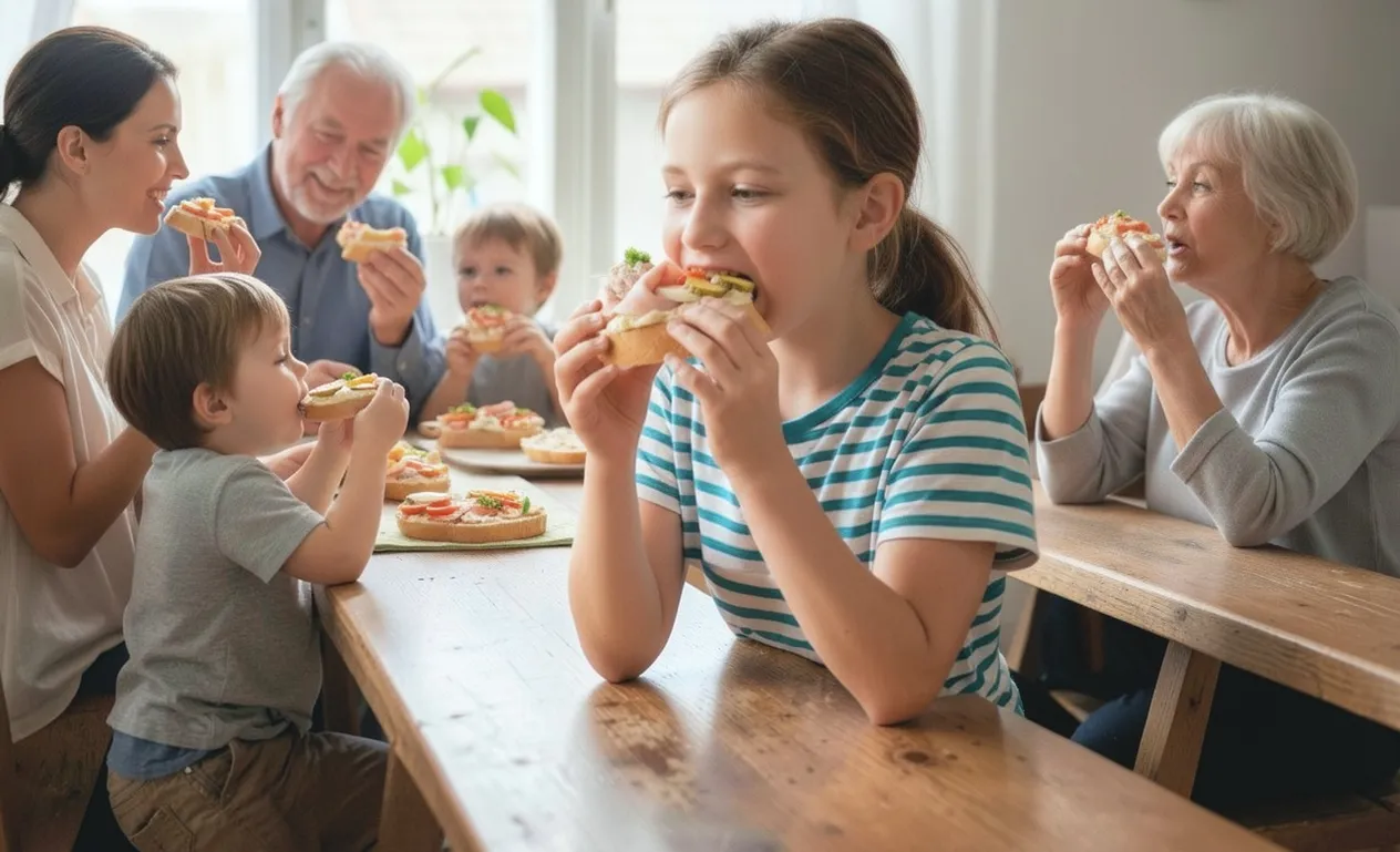 Rodina užívající si chlebíčky